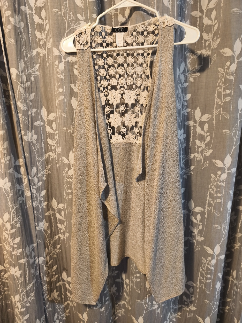 Deb Tan Open-Front Crochet-Panel Knit Vest